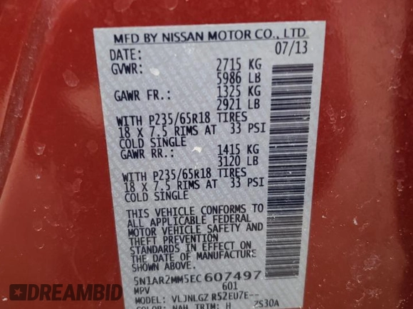 2014 Nissan Pathfinder SL with VIN 5N1AR2MM5EC607497, listed as a Copart auction lot 47572845 with 136,762 mi miles and Salvage title. Bid and sale history available at DreamBid. Image 14.