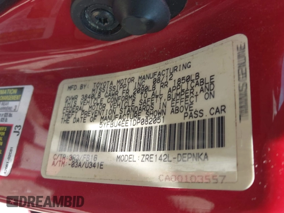 2013 Toyota Corolla L with VIN 5YFBU4EE1DP082051, listed as a IAAI auction lot 41976408 with 208,361 mi miles and . Bid and sale history available at DreamBid. Image 9.