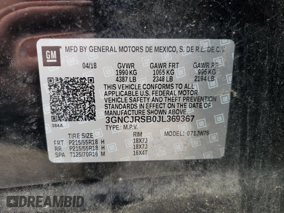 2018 Chevrolet Trax Premier with VIN 3GNCJRSB0JL369367, listed as a Copart auction lot 53155935 with 25,132 mi miles and Salvage Title. Bid and sale history available at carsss.com. Image 15.