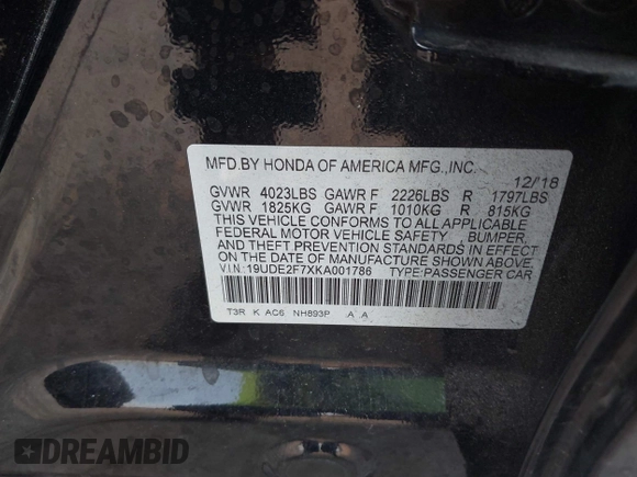 2019 Acura ILX Premium with VIN 19UDE2F7XKA001786, listed as a IAAI auction lot 42040373 with 74,586 mi miles and . Bid and sale history available at DreamBid. Image 9.