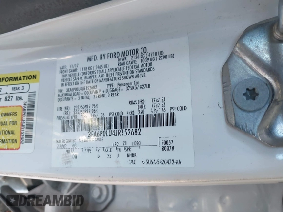 2018 Ford Fusion Hybrid SE with VIN 3FA6P0LU4JR152682, listed as a IAAI auction lot 41691305 with 142,059 mi miles. Bid and sale history available at carsss.com. Image 9.