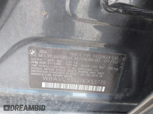 2007 BMW 3 Series 328xi z VIN WBAVC93527KX53775, wystawiony jako IAAI lot #42124420 z przebiegiem Nie podano mil oraz . Historia ofert i sprzedaży dostępna na DreamBid. Obrazek 9.