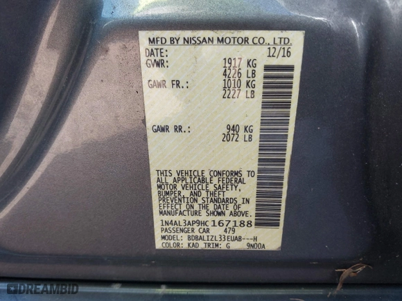 2017 Nissan Altima 2.5 SV with VIN 1N4AL3AP9HC167188, listed as a IAAI auction lot 41241893 with 1 mi miles. Bid and sale history available at carsss.com. Image 9.