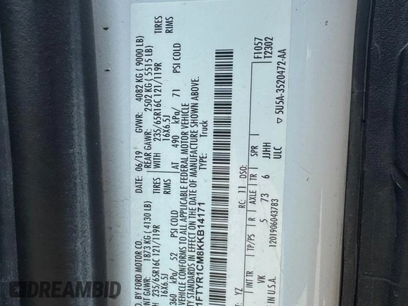 2019 Ford Transit с VIN 1FTYR1CM8KKB14171, выставлен на аукционе Copart как лот 60481215 с пробегом 151 113 миль миль и Чистый • Clean title. История ставок и продаж доступна на DreamBid. Изображение 10.