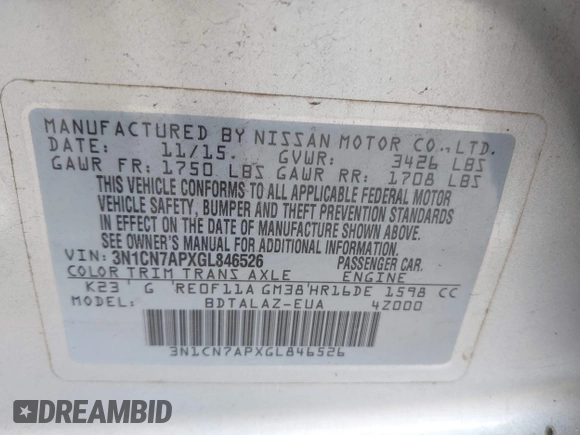 2016 Nissan Versa S with VIN 3N1CN7APXGL846526, listed as a IAAI auction lot 42215430 with 95,573 mi miles and . Bid and sale history available at DreamBid. Image 9.