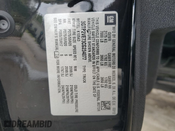 2012 GMC Sierra 1500 SLE with VIN 3GTP2VE73CG234077, listed as a Copart auction lot 53979795 with 170,272 mi miles and Salvage Title. Bid and sale history available at DreamBid. Image 12.