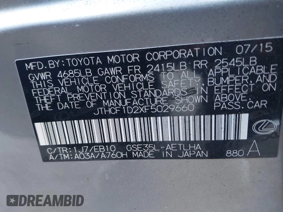 2015 Lexus IS 250 with VIN JTHCF1D2XF5029660, listed as a IAAI auction lot 41435411 with 82,600 mi miles and . Bid and sale history available at DreamBid. Image 9.