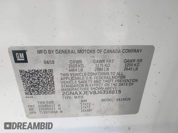2018 Chevrolet Equinox LT with VIN 2GNAXJEV8J6318815, listed as a IAAI auction lot 41916678 with 64,174 mi miles and . Bid and sale history available at carsss.com. Image 9.