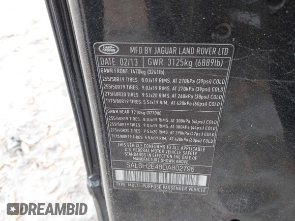 2013 Land Rover Range Rover Sport SC with VIN SALSH2E48DA802796, listed as a IAAI auction lot 41613187 with 104,024 mi miles. Bid and sale history available at carsss.com. Image 9.