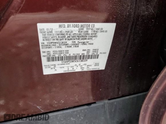 2012 Ford Taurus Limited with VIN 1FAHP2JW5CG138339, listed as a Copart auction lot 75604054 with 141,658 mi miles and Clean title. Bid and sale history available at DreamBid. Image 12.