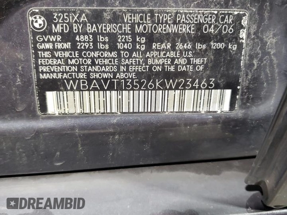 2006 BMW 3 Series 325xi z VIN WBAVT13526KW23463, wystawiony jako Copart lot #58505625 z przebiegiem 151 379 mil mil oraz Szkoda całkowita • Salvage title. Historia ofert i sprzedaży dostępna na DreamBid. Obrazek 13.