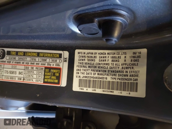 2010 Honda Insight LX with VIN JHMZE2H54AS040316, listed as a IAAI auction lot 41572246 with 142,850 mi miles and . Bid and sale history available at DreamBid. Image 9.