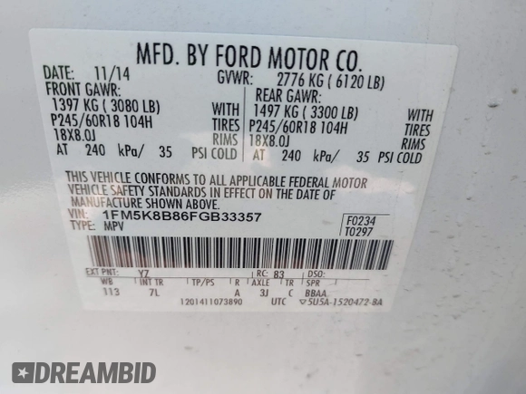 2015 Ford Explorer с VIN 1FM5K8B86FGB33357, выставлен на аукционе IAAI как лот 41665810 с пробегом 51 554 миль миль и . История ставок и продаж доступна на DreamBid. Изображение 9.