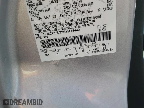 2011 Ford Escape Limited with VIN 1FMCU9EG2BKA74440, listed as a Copart auction lot 61081835 with 136,933 mi miles and Salvage title. Bid and sale history available at DreamBid. Image 13.