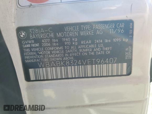 1997 BMW 3-Series 328IC with VIN WBABK8324VET96407, listed as a Copart auction lot 79532034 with 143,934 mi miles and Clean Title. Bid and sale history available at carsss.com. Image 12.