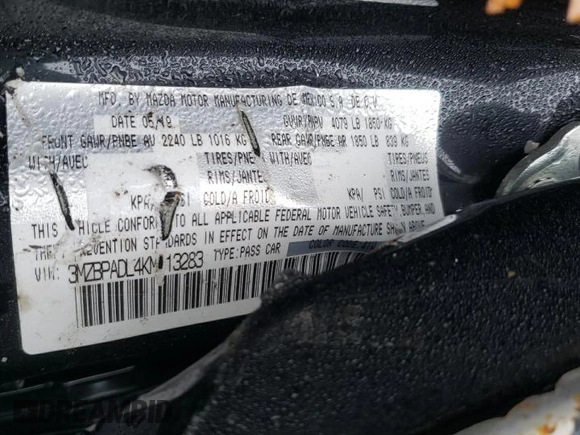 2019 Mazda 3 Preferred with VIN 3MZBPADL4KM113283, listed as a Copart auction lot 49325485 with Not Provided miles and Non Repairable. Bid and sale history available at DreamBid. Image 13.