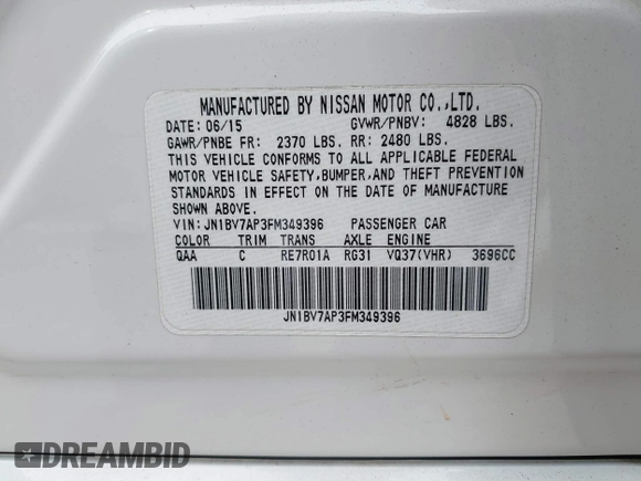2015 Infiniti Q50 Premium with VIN JN1BV7AP3FM349396, listed as a IAAI auction lot 41793057 with 133,372 mi miles. Bid and sale history available at carsss.com. Image 9.