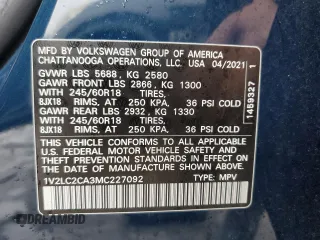 2021 Volkswagen Atlas SE with VIN 1V2LC2CA3MC227092, listed as a Copart auction lot 39949094 with 43,350 mi miles and . Bid and sale history available at DreamBid. Image 13.