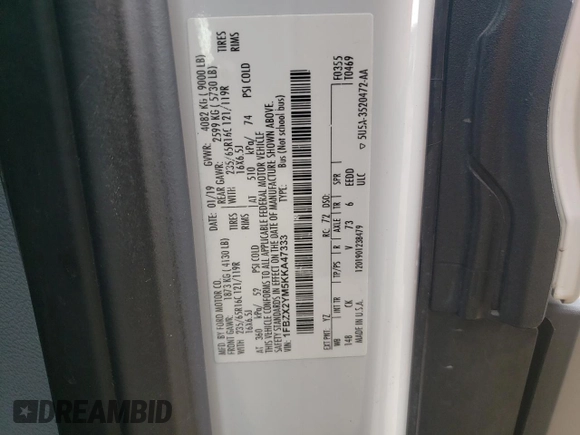 2019 Ford Transit Passenger XL with VIN 1FBZX2YM5KKA47333, listed as a Copart auction lot 44350205 with 84,588 mi miles and Salvage title. Bid and sale history available at DreamBid. Image 13.