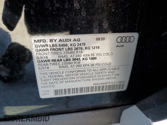 2020 Audi Q5 Premium with VIN WA1ANAFY1L2110650, listed as a Copart auction lot 60206532 with 0 mi miles. Bid and sale history available at carsss.com. Image 10.