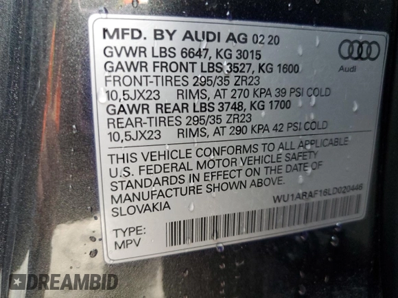 2020 Audi RS Q8 z VIN WU1ARAF16LD020446, wystawiony jako Copart lot #43275034 z przebiegiem Nie podano mil oraz . Historia ofert i sprzedaży dostępna na DreamBid. Obrazek 13.