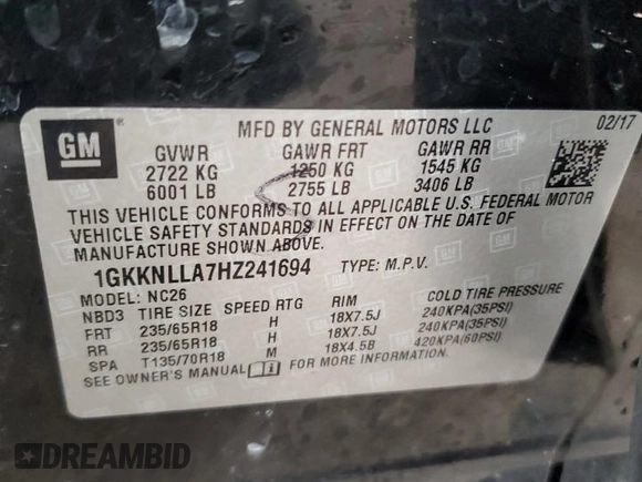 2017 GMC Acadia SLE with VIN 1GKKNLLA7HZ241694, listed as a Copart auction lot 79254894 with 142,897 mi miles and Salvage Title. Bid and sale history available at carsss.com. Image 14.