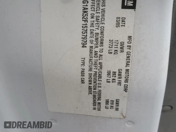 2005 Chevrolet Cobalt with VIN 1G1AK52F157579794, listed as a Copart auction lot 51364025 with 199,341 mi miles and Salvage Title. Bid and sale history available at DreamBid. Image 12.