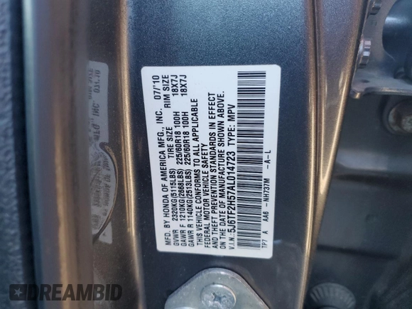 2010 Honda Accord Crosstour EX-L with VIN 5J6TF2H57AL014723, listed as a Copart auction lot 79476554 with 0 mi miles and Salvage Title. Bid and sale history available at carsss.com. Image 14.