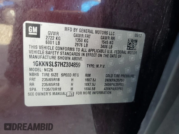 2017 GMC Acadia SLE with VIN 1GKKNSLS7HZ304859, listed as a Copart auction lot 86516884 with 79,359 mi miles and Salvage title. Bid and sale history available at DreamBid. Image 13.