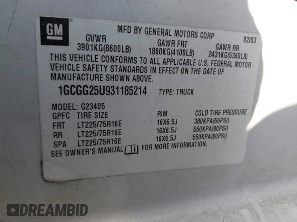 2003 Chevrolet Express Cargo with VIN 1GCGG25U931185214, listed as a IAAI auction lot 41523289 with 156,711 mi miles and . Bid and sale history available at DreamBid. Image 9.