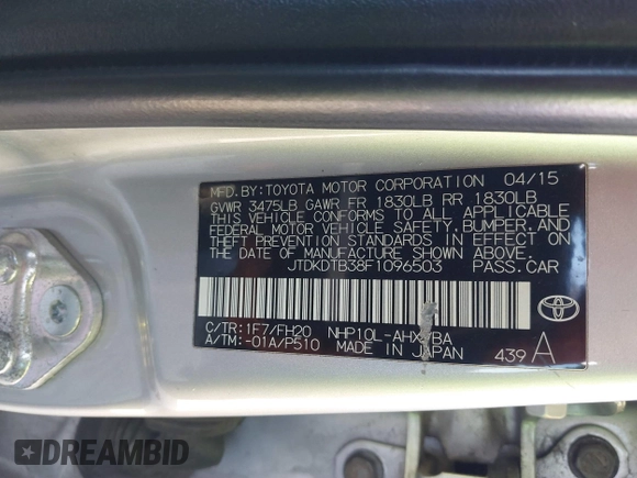 2015 Toyota Prius One with VIN JTDKDTB38F1096503, listed as a IAAI auction lot 41780696 with 117,841 mi miles and . Bid and sale history available at carsss.com. Image 9.