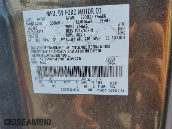 2008 Ford F-150 XLT with VIN 1FTPW14V98FA09278, listed as a Copart auction lot 64949325 with Not provided miles and Salvage title. Bid and sale history available at DreamBid. Image 12.