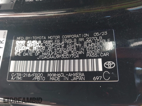 2023 Toyota Prius LE with VIN JTDACAAU9P3007704, listed as a IAAI auction lot 42037372 with 36,276 mi miles. Bid and sale history available at carsss.com. Image 9.