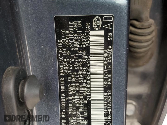 2016 Toyota Corolla L with VIN 2T1BURHE8GC654195, listed as a Copart auction lot 58314485 with 136,951 mi miles and Salvage title. Bid and sale history available at DreamBid. Image 12.