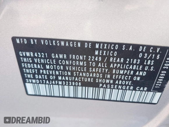 2015 Volkswagen Jetta SE с VIN 3VWD17AJ4FM323906, выставлен на аукционе IAAI как лот 42543996 с пробегом 88 382 миль миль и . История ставок и продаж доступна на DreamBid. Изображение 9.