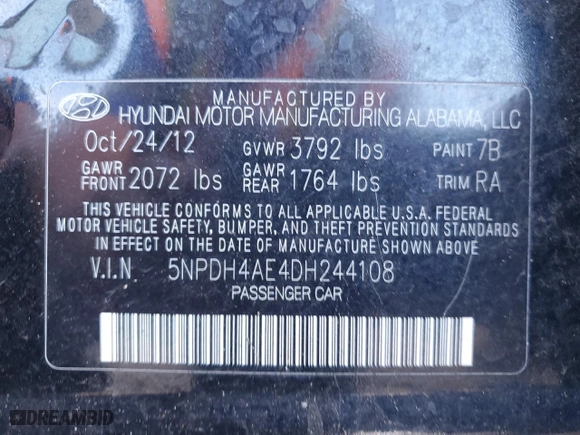 2013 Hyundai Elantra GLS PZEV with VIN 5NPDH4AE4DH244108, listed as a Copart auction lot 45699735 with 161,418 mi miles and Salvage Title. Bid and sale history available at carsss.com. Image 12.
