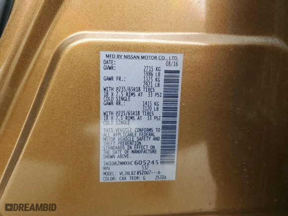 2017 Nissan Pathfinder S with VIN 5N1DR2MMXHC605245, listed as a Copart auction lot 53764715 with 167,954 mi miles and Clean Title. Bid and sale history available at carsss.com. Image 13.