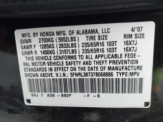 2007 Honda Odyssey EX-L with VIN 5FNRL38737B068886, listed as a IAAI auction lot 42169653 with 180,337 mi miles. Bid and sale history available at carsss.com. Image 9.