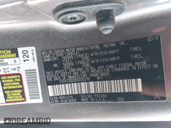 2017 Toyota Sienna XLE Auto Access Seat with VIN 5TDYZ3DC0HS835216, listed as a IAAI auction lot 42342681 with 128,333 mi miles and . Bid and sale history available at DreamBid. Image 9.