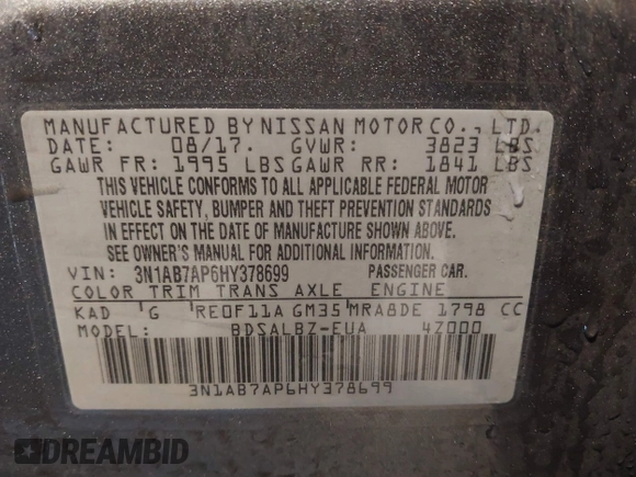 2017 Nissan Sentra S with VIN 3N1AB7AP6HY378699, listed as a IAAI auction lot 41414287 with 114,801 mi miles and . Bid and sale history available at DreamBid. Image 9.