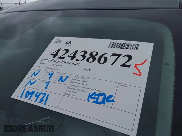 2019 Acura RDX with VIN 5J8TC1H36KL010513, listed as a IAAI auction lot 42438672 with 109,421 mi miles and . Bid and sale history available at DreamBid. Image 17.