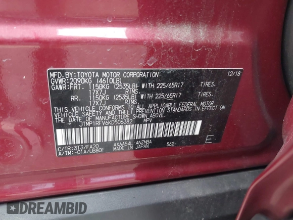 2019 Toyota RAV4 XLE with VIN JTMP1RFV6KD506382, listed as a IAAI auction lot 42578602 with 46,223 mi miles and . Bid and sale history available at DreamBid. Image 9.