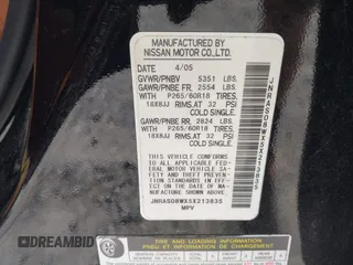 2005 Infiniti FX z VIN JNRAS08WX5X213835, wystawiony jako IAAI lot #42388976 z przebiegiem 315 908 mil mil oraz . Historia ofert i sprzedaży dostępna na DreamBid. Obrazek 9.