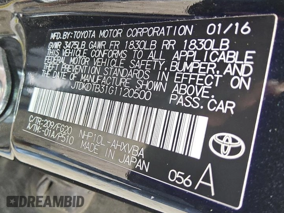 2016 Toyota Prius One with VIN JTDKDTB31G1120500, listed as a Copart auction lot 57745105 with Not provided miles and Clean title. Bid and sale history available at DreamBid. Image 12.