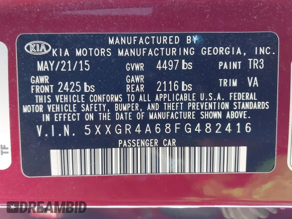 2015 Kia Optima SX Turbo with VIN 5XXGR4A68FG482416, listed as a IAAI auction lot 41547023 with 81,067 mi miles. Bid and sale history available at carsss.com. Image 9.