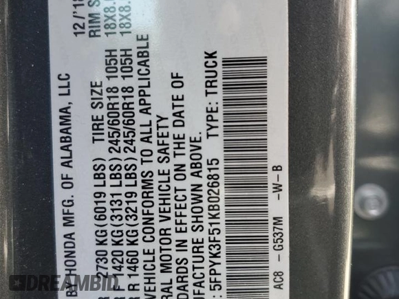 2019 Honda Ridgeline RTL z VIN 5FPYK3F51KB026815, wystawiony jako Copart lot #57306165 z przebiegiem 47 405 mil mil oraz Szkoda całkowita • Salvage title. Historia ofert i sprzedaży dostępna na DreamBid. Obrazek 13.