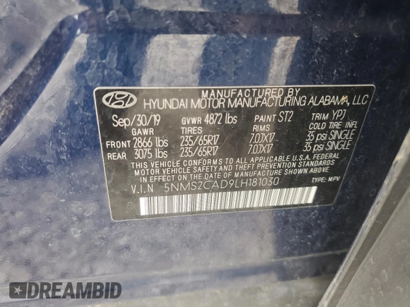 2020 Hyundai Santa Fe SE with VIN 5NMS2CAD9LH181030, listed as a Copart auction lot 63650585 with 83,662 mi miles and Salvage title. Bid and sale history available at DreamBid. Image 13.