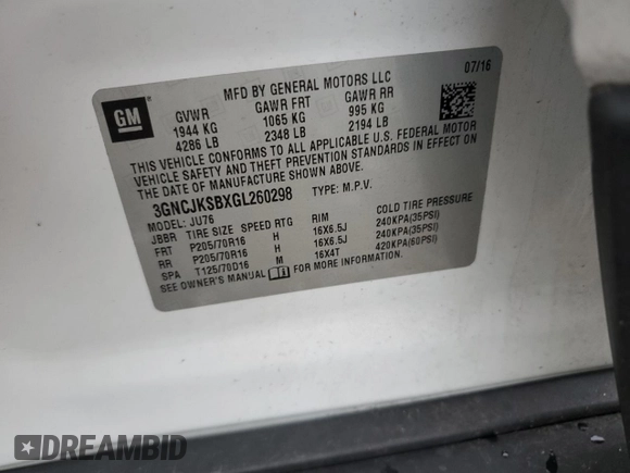 2016 Chevrolet Trax LS with VIN 3GNCJKSBXGL260298, listed as a Copart auction lot 85463764 with 75,024 mi miles and Salvage Title. Bid and sale history available at carsss.com. Image 15.