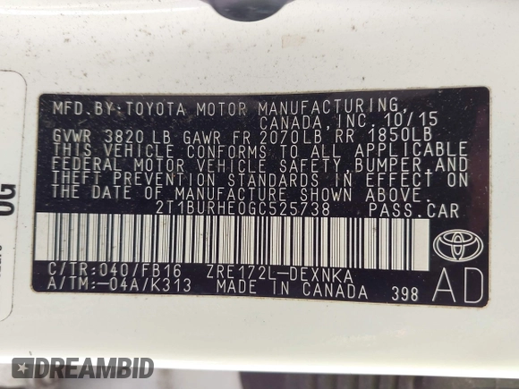 2016 Toyota Corolla L with VIN 2T1BURHE0GC525738, listed as a IAAI auction lot 42174966 with 122,208 mi miles and . Bid and sale history available at DreamBid. Image 9.