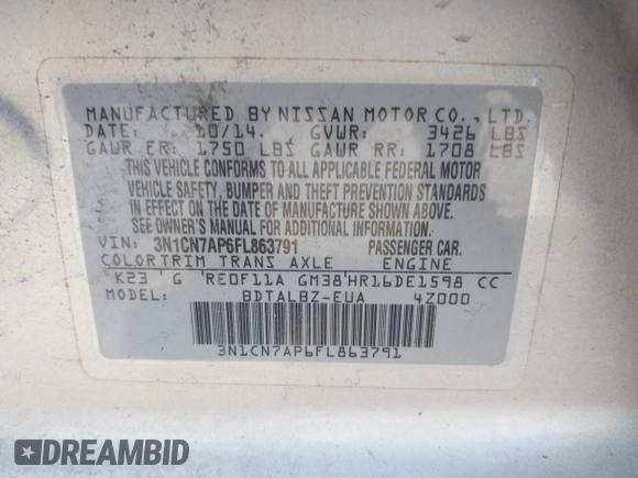 2015 Nissan Versa SV with VIN 3N1CN7AP6FL863791, listed as a IAAI auction lot 42140790 with 141,759 mi miles. Bid and sale history available at carsss.com. Image 9.